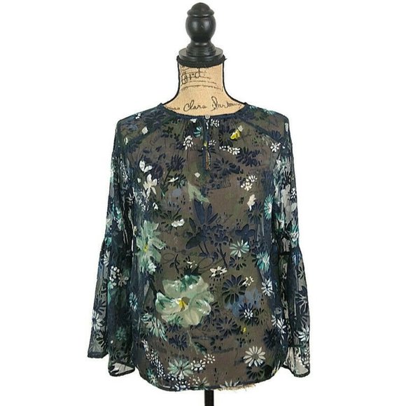 LOFT Tops - Loft Womens sz XS Top Blouse Blue Floral Sheer Button Keyhole Long Bell Sleeve